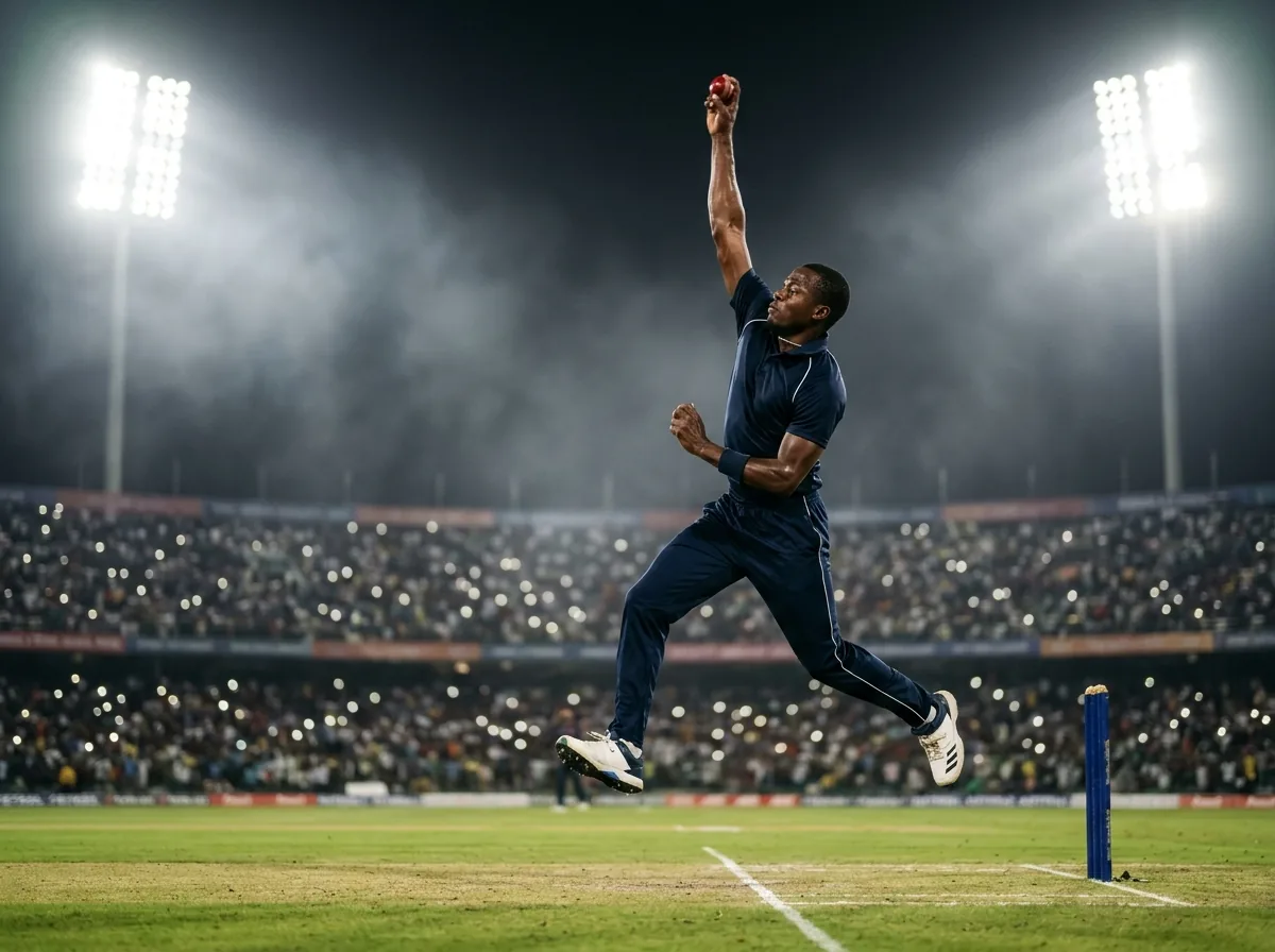 Fast bowler delivery stride with live pitch trajectory and speed telemetry